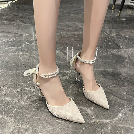 Damen schicke High Heels mit transparentem Riemen und zierlichem Perlenakzent EB