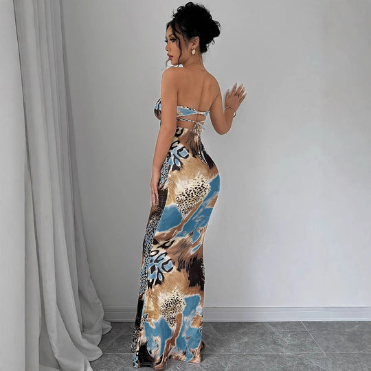 Damen Etuikleid mit strapless Design und Tiermuster EB