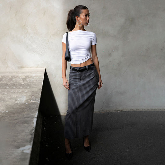 Damen figurbetontes Oberteil mit Off-Shoulder Design und Raffung EB