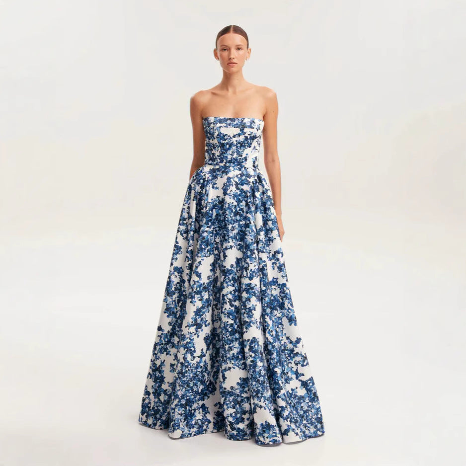 Damen Elegantes Blütenmuster-Maxikleid mit schulterfreiem Design EB