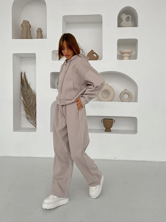 Damen Cropped Kapuzensweatshirt mit Kordelzug-Loungehose im Relax-Set EB