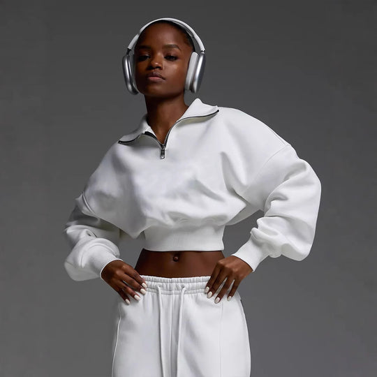 Damen nan kurzes Half-Zip Sweatshirt-Set mit hochtaillierter weiter Lounge-Jogginghose EB