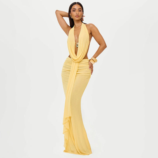Damen Elegantes Strandkleid mit tiefem Ausschnitt und fließendem Stoff EB