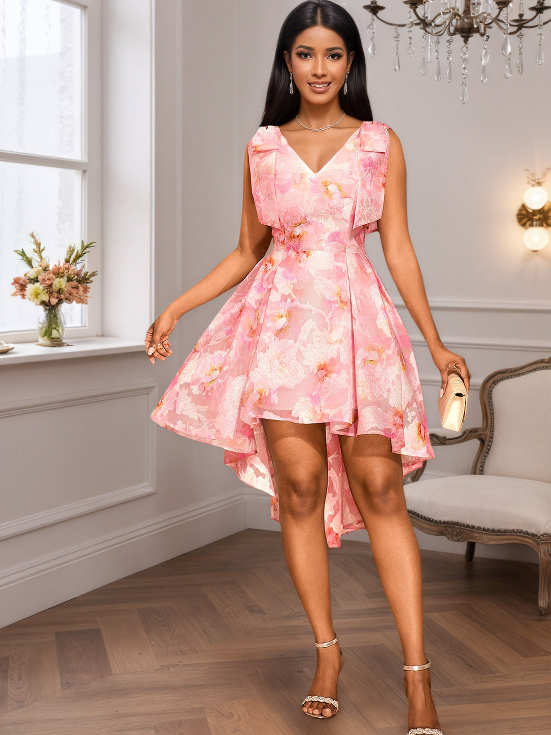Damen asymmetrisches Cocktailkleid mit Rüschendesign und floralem Muster EB