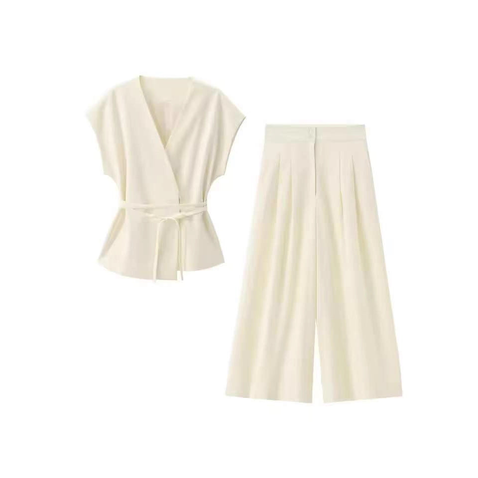 Damen elegantes Wickeloberteil und weite Palazzo-Hose Set EB