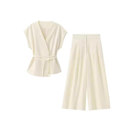 Damen elegantes Wickeloberteil und weite Palazzo-Hose Set EB