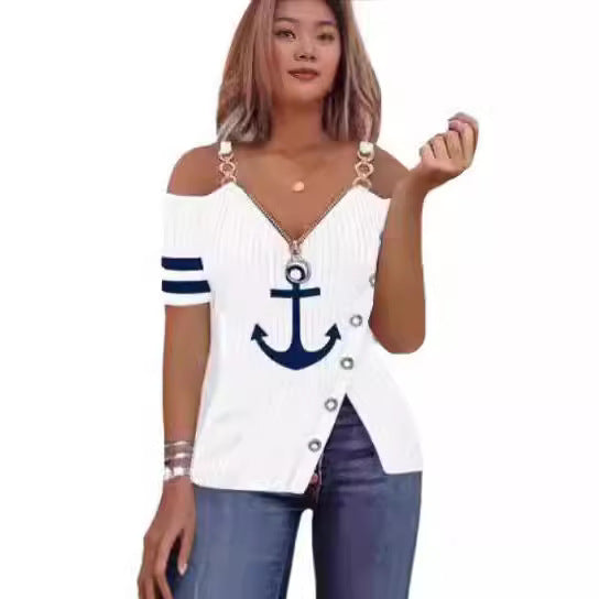 Damen Off-Shoulder Oberteil mit maritimem Motiv und dekorativen Knöpfen EB