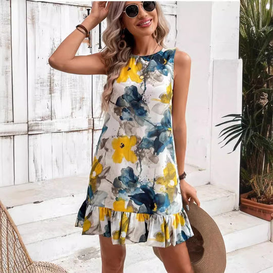 Damen Blumenkleid mit Rüschensaum EB
