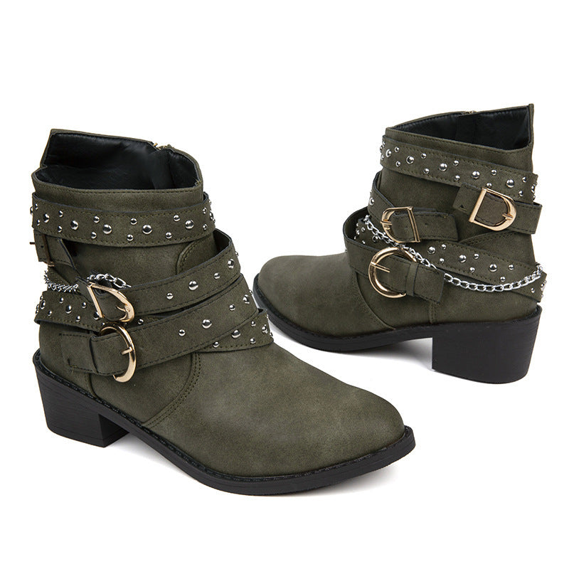 Damen nan knöchelhohe Biker-Stiefelette mit Nietenriemen, Ketten- und Dornschließen-Details EB