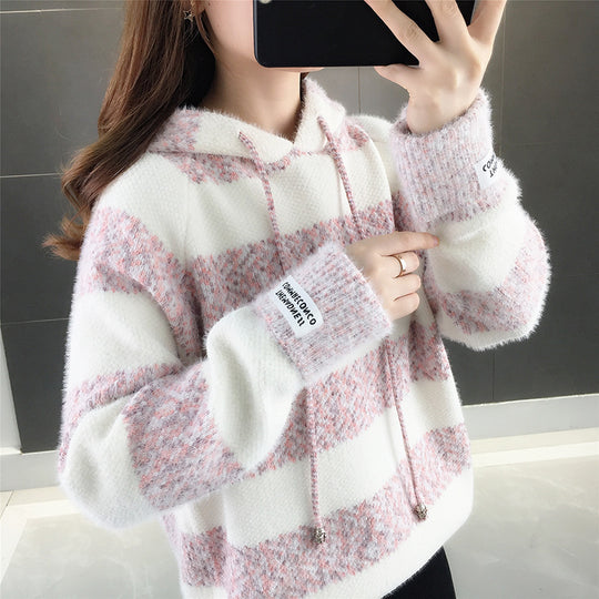 Damen Freizeit Hoodie mit strukturiertem Streifenmuster und Kordelzug EB