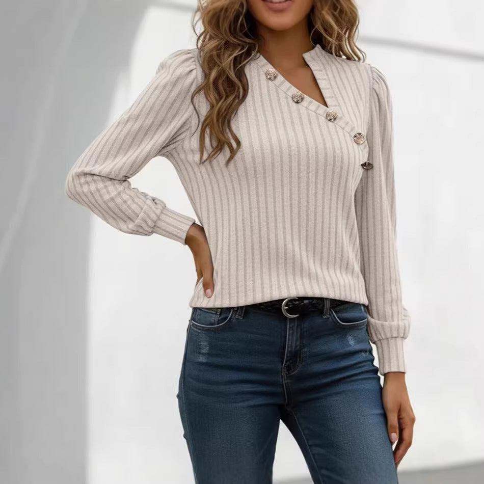 Damen Gerippter Feinstrickpullover mit asymmetrischer Knopfleiste EB