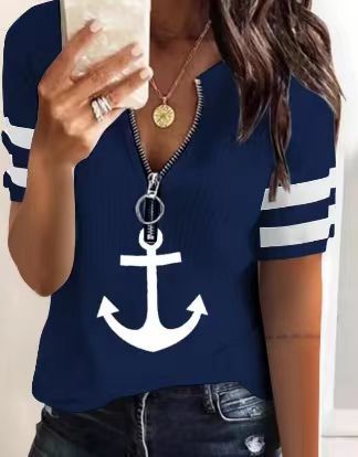 Damen Sportliches T-Shirt mit Reißverschluss und maritimen Motiven EB