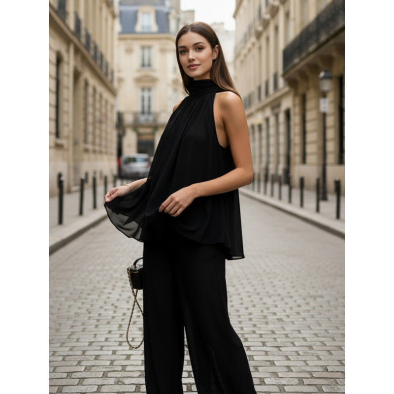 Damen Elegantes Chiffonoberteil mit tiefem Wasserfallausschnitt und fließendem Stoff EB
