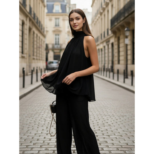 Damen Elegantes Chiffonoberteil mit tiefem Wasserfallausschnitt und fließendem Stoff EB