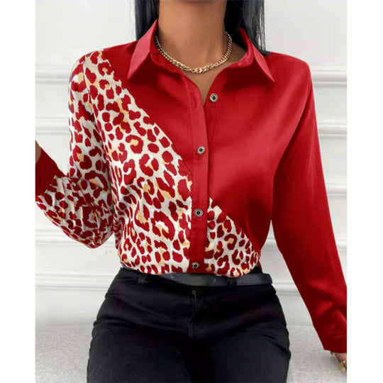 Damen Satinbluse mit asymmetrischem Leo-Design und glamouröser Knopfleiste EB