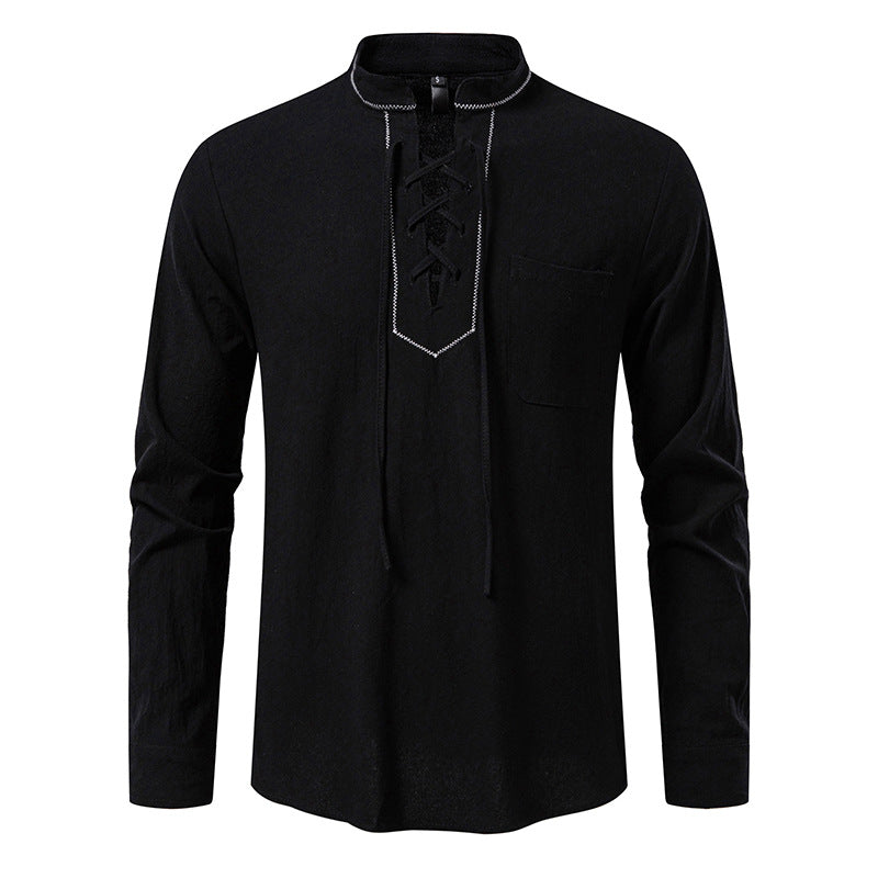 Herren Langarmshirt mit hochwertigem Stehkragen und dekorativer Schnürung EB