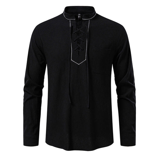 Herren Langarmshirt mit hochwertigem Stehkragen und dekorativer Schnürung EB