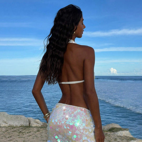 Damen funkelndes Strandoberteil mit einzigartigen Cut-Outs EB
