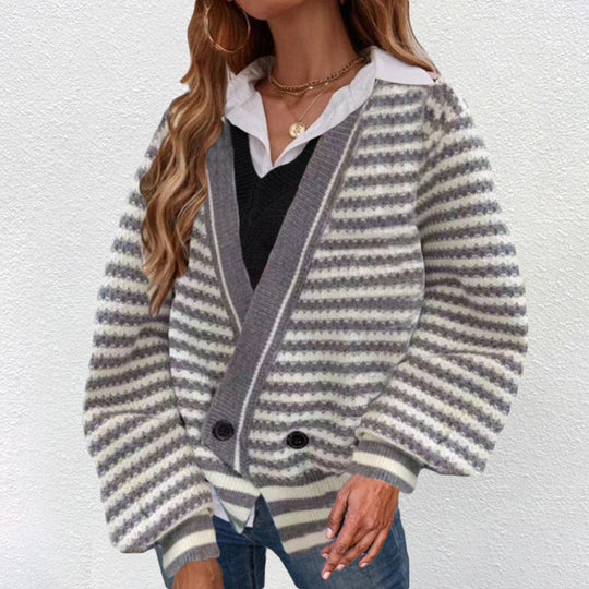 Damen Grobstrick Cardigan mit V-Ausschnitt und modernen Streifen EB