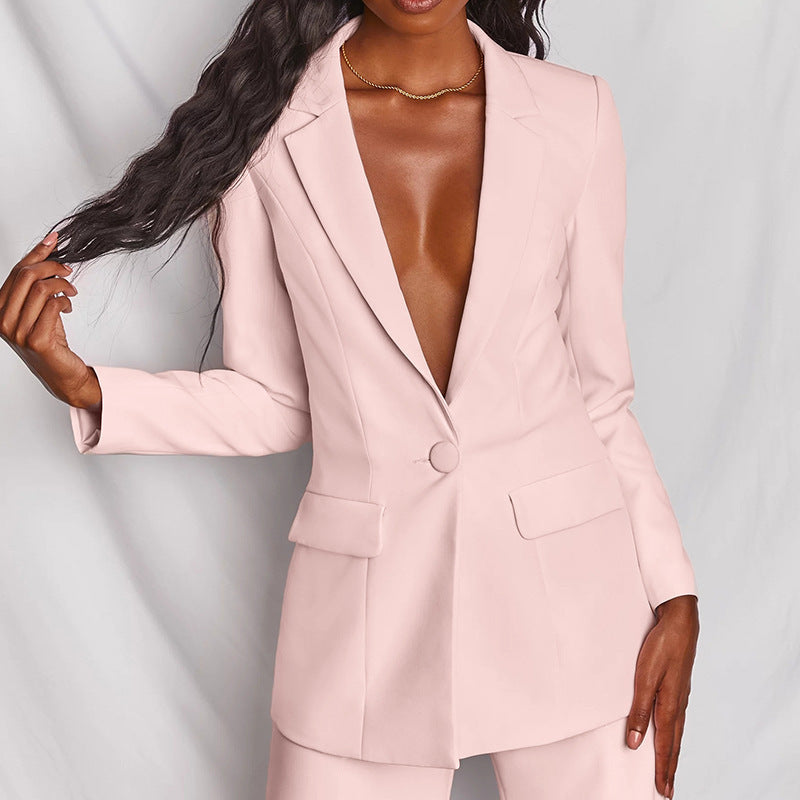 Damen nan eleganter taillierter Zweiteiler mit tiefem V-Revers, Ein-Knopf-Blazer und weiten Bundfaltenhosen EB