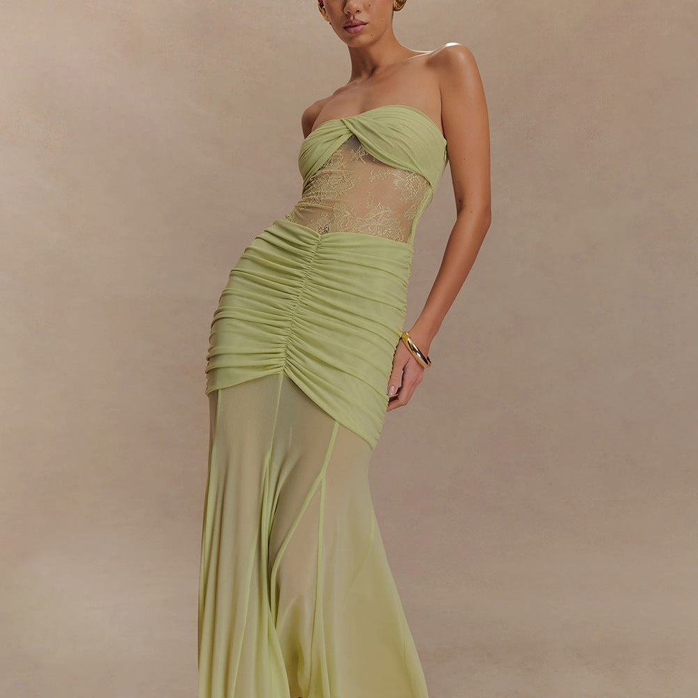 Damen Elegantes Maxikleid mit raffiniertem Spitzen-Einsatz und Raffung EB
