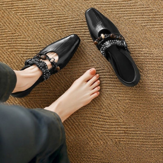 Damen elegante Mules mit anpassbarem Riemen und Perlenverzierung EB