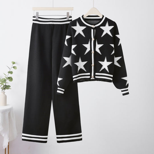 Damen modisches Strick-Loungewear-Set mit Sternenmuster und kontrastierenden Details EB