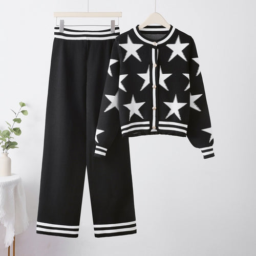 Damen modisches Strick-Loungewear-Set mit Sternenmuster und kontrastierenden Details EB