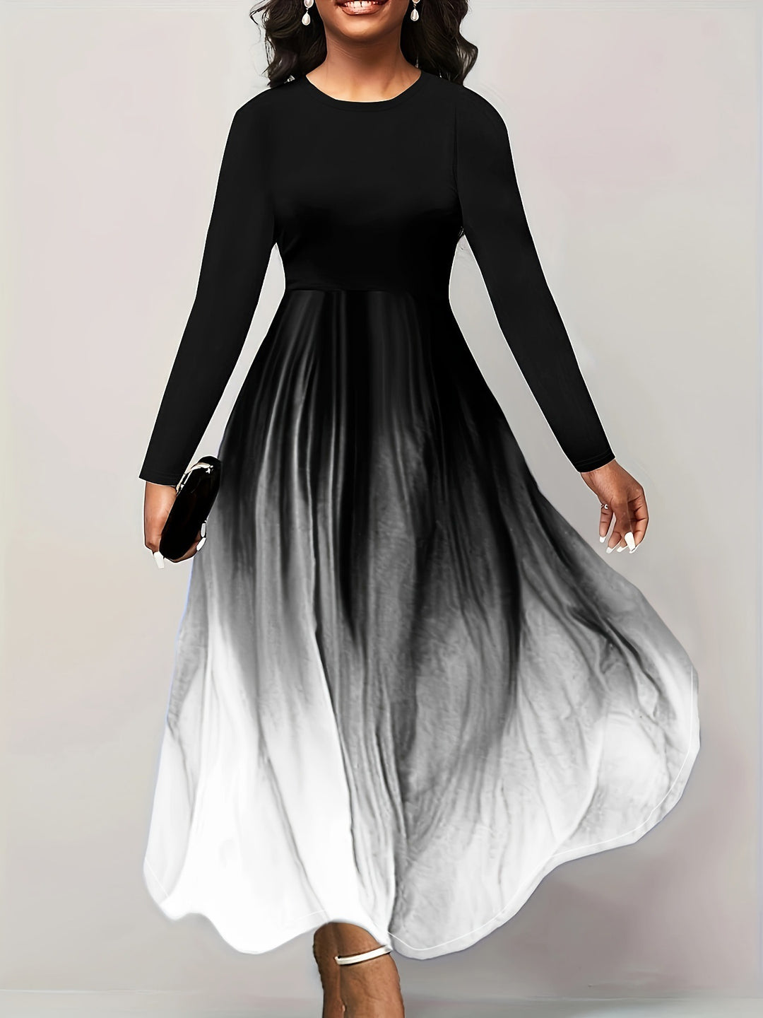 Damen Elegantes Maxikleid mit kreativer Farbverlauf-Optik und langen Ärmeln EB