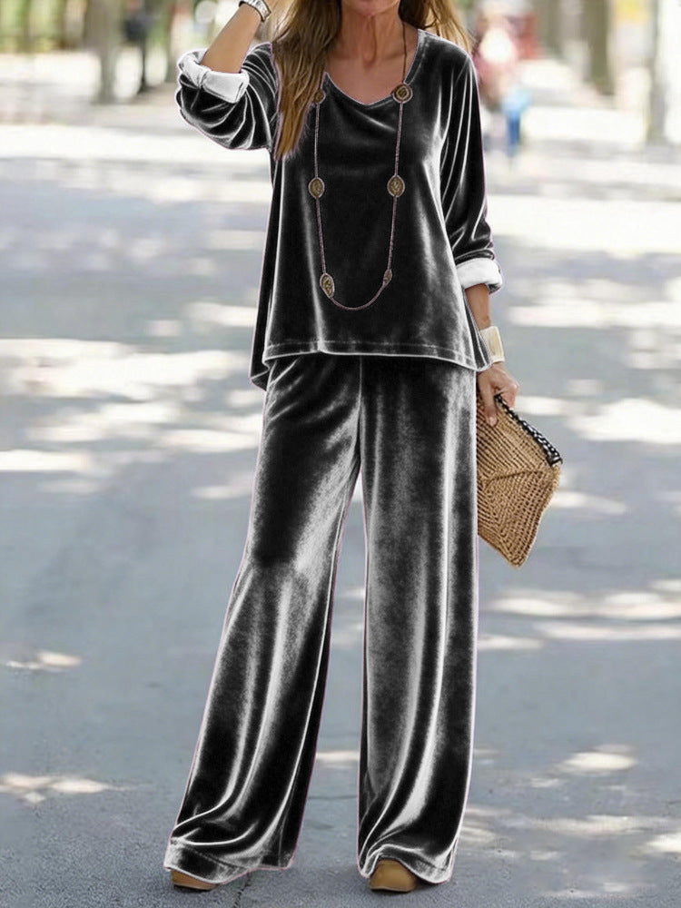Damen Elegantes Samt-Zweiteiler Lounge-Set mit V-Ausschnitt und weitem Bein EB