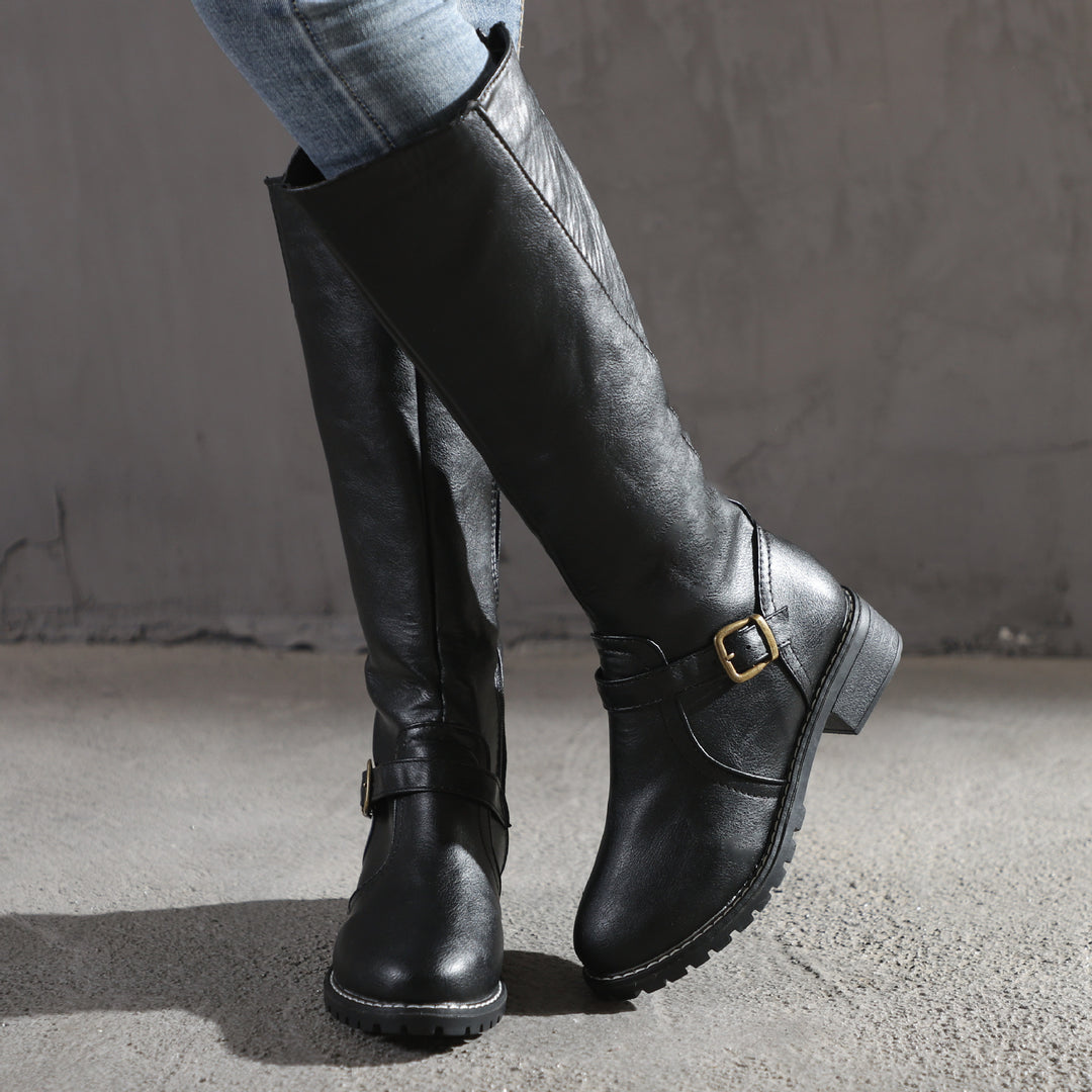 Damen modische kniehohe Stiefel mit dekorativem Riemen und komfortablem Absatz EB