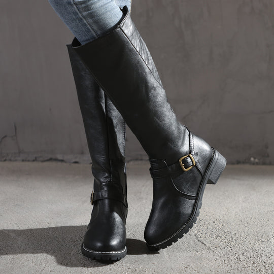 Damen modische kniehohe Stiefel mit dekorativem Riemen und komfortablem Absatz EB