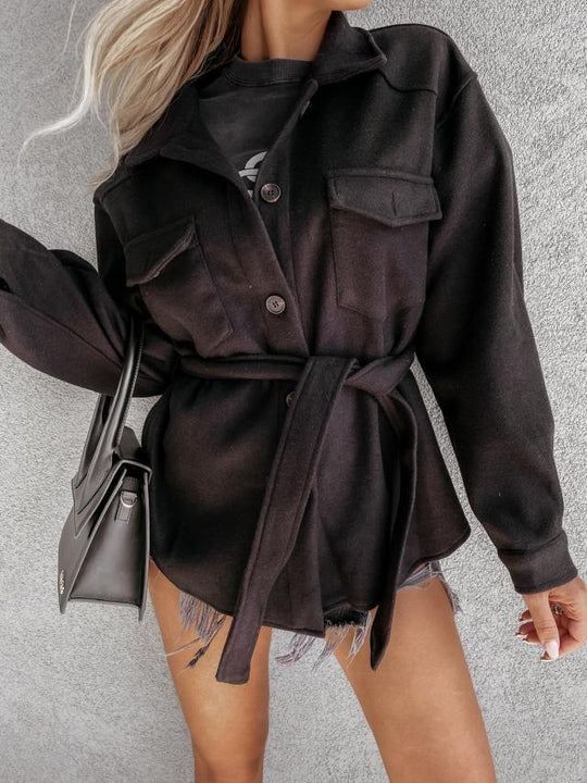 Damen modische Oversized-Jacke mit Gürtel und dekorativen Taschen EB