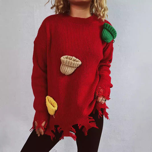 Damen lässiger Oversize-Pullover mit fransigen Details und bunten Applikationen EB
