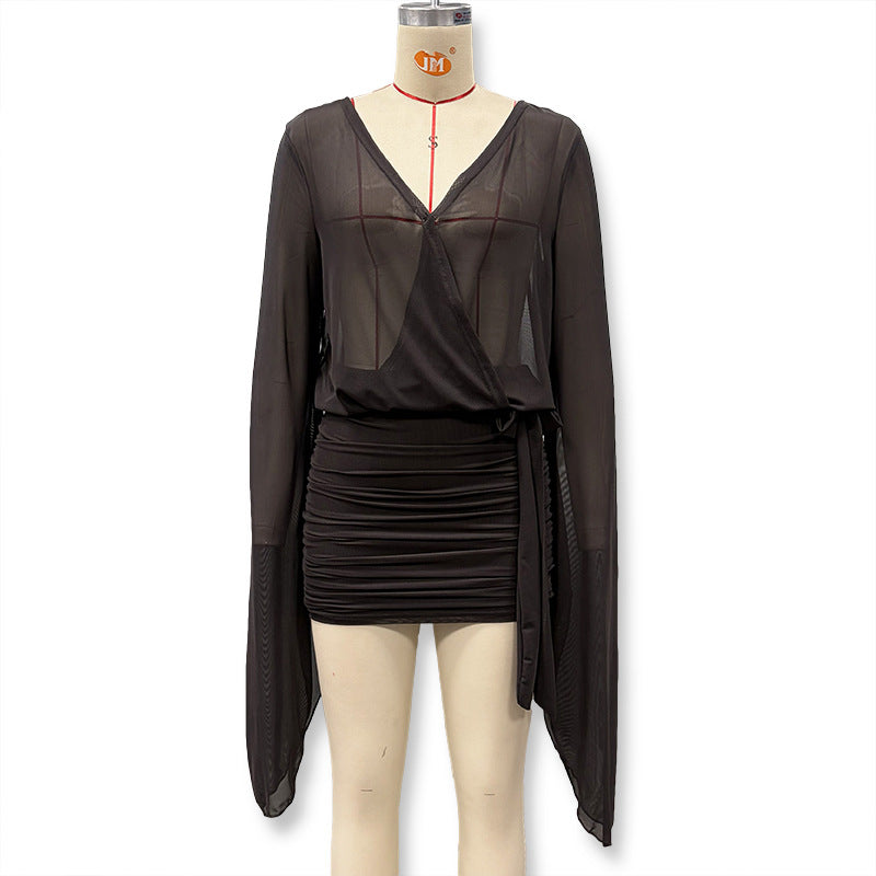 Damen Wickelbluse mit transparenten Ärmeln und figurformendem Design EB