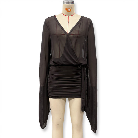 Damen Wickelbluse mit transparenten Ärmeln und figurformendem Design EB