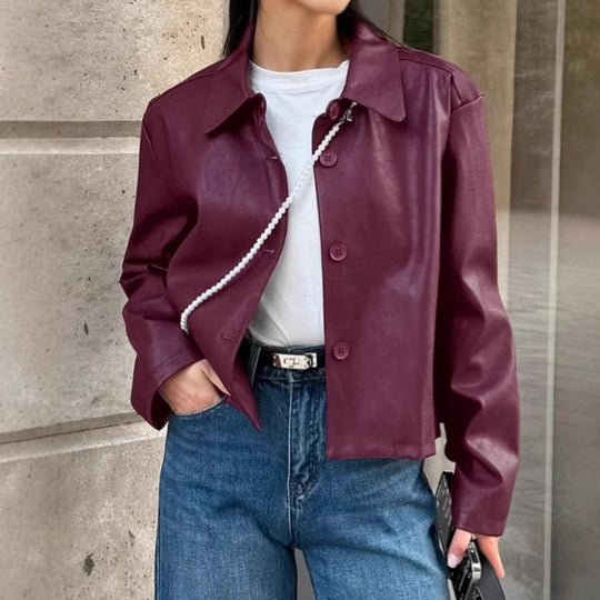 Damen Modische Kunstlederjacke mit klassischen Knopfdetails EB