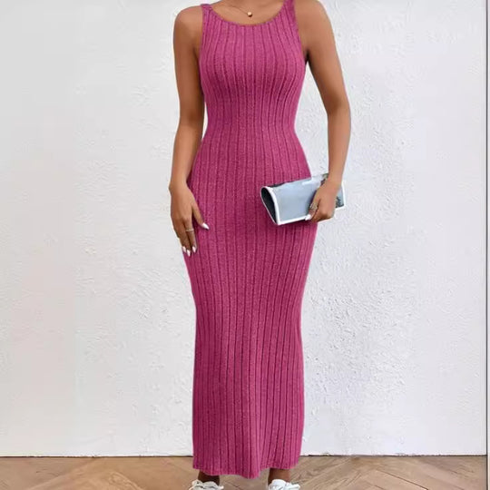 Damen figurbetontes Langarm-Maxikleid mit Rippenstruktur und Rundhalsausschnitt EB