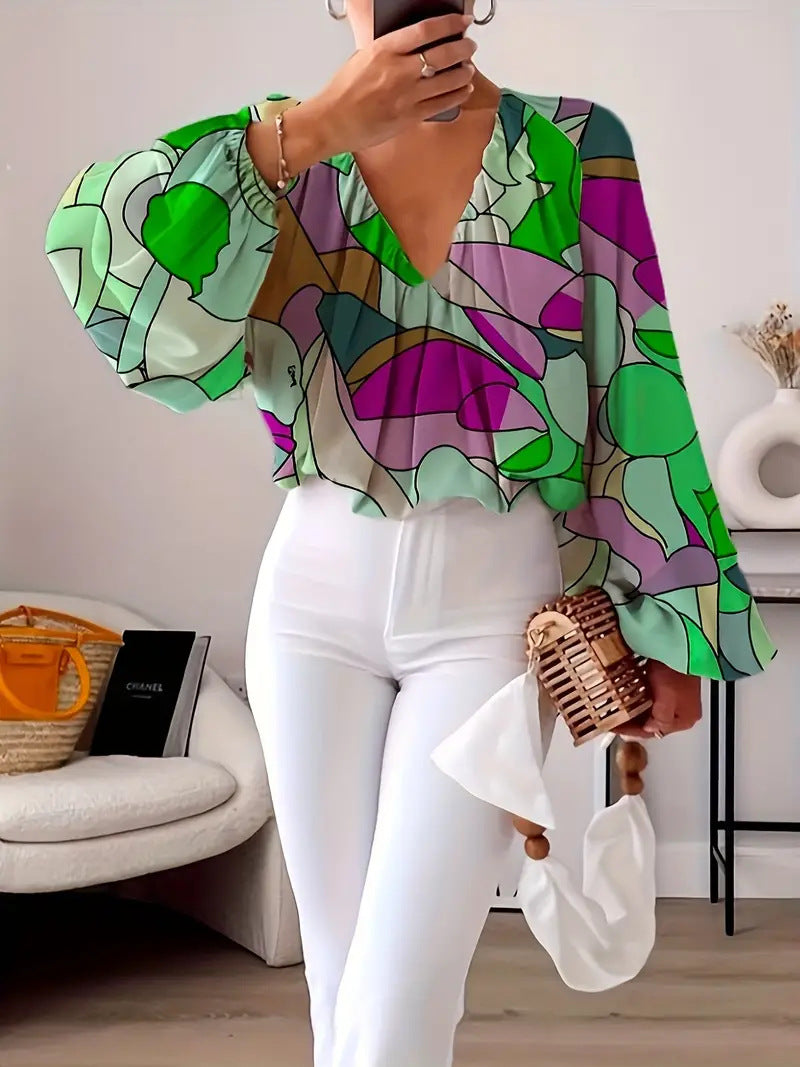 Damen Bluse mit V-Ausschnitt und modischem Grafikdesign EB