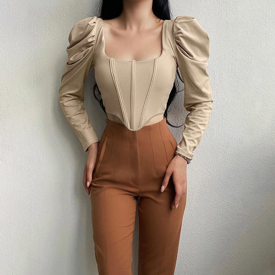 Damen Elegantes Oberteil mit Puffärmeln und tiefem Ausschnitt EB