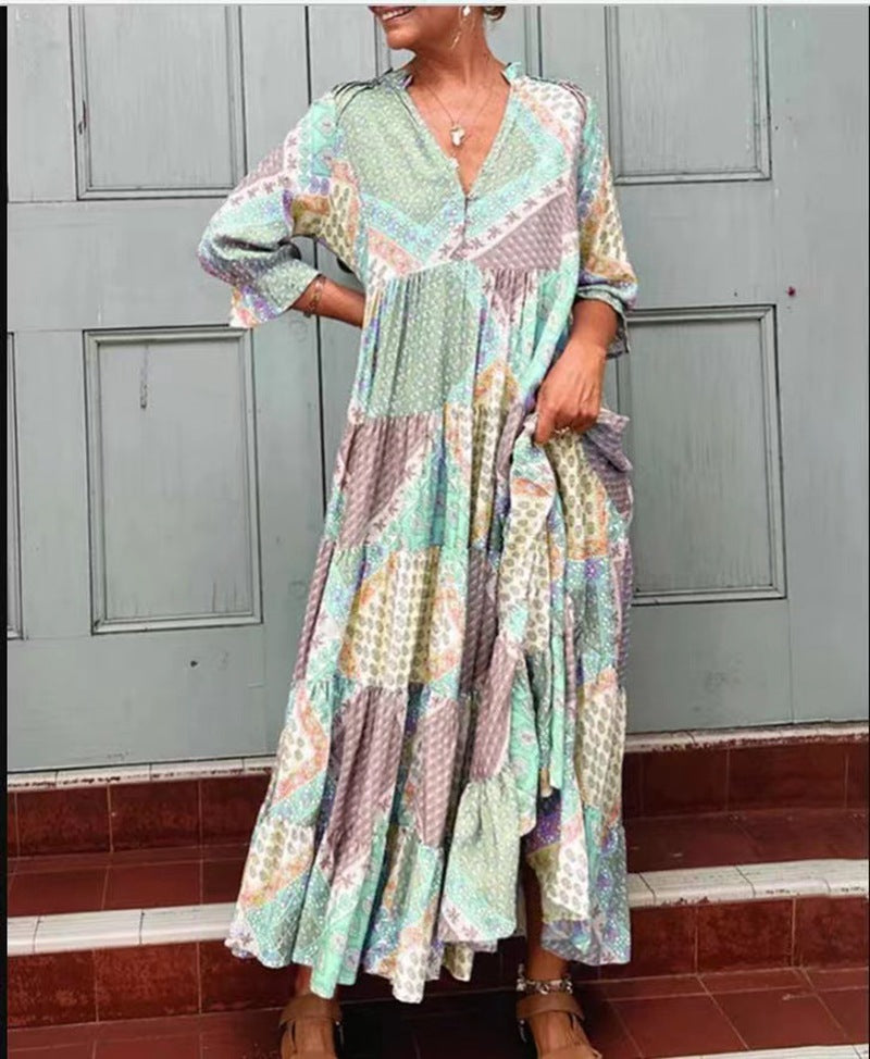 Damen nan luftiges Maxikleid im Patchwork-Boho-Stil mit V-Ausschnitt, gerafftem Oberteil und ausgestelltem Stufensaum EB