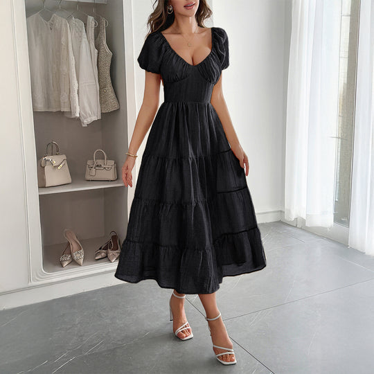 Damen Midi-Kleid mit voluminösen Puffärmeln und lässigem Schnitt EB