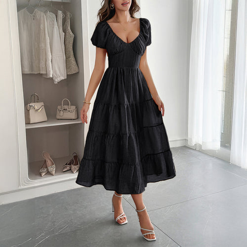 Damen Midi-Kleid mit voluminösen Puffärmeln und lässigem Schnitt EB