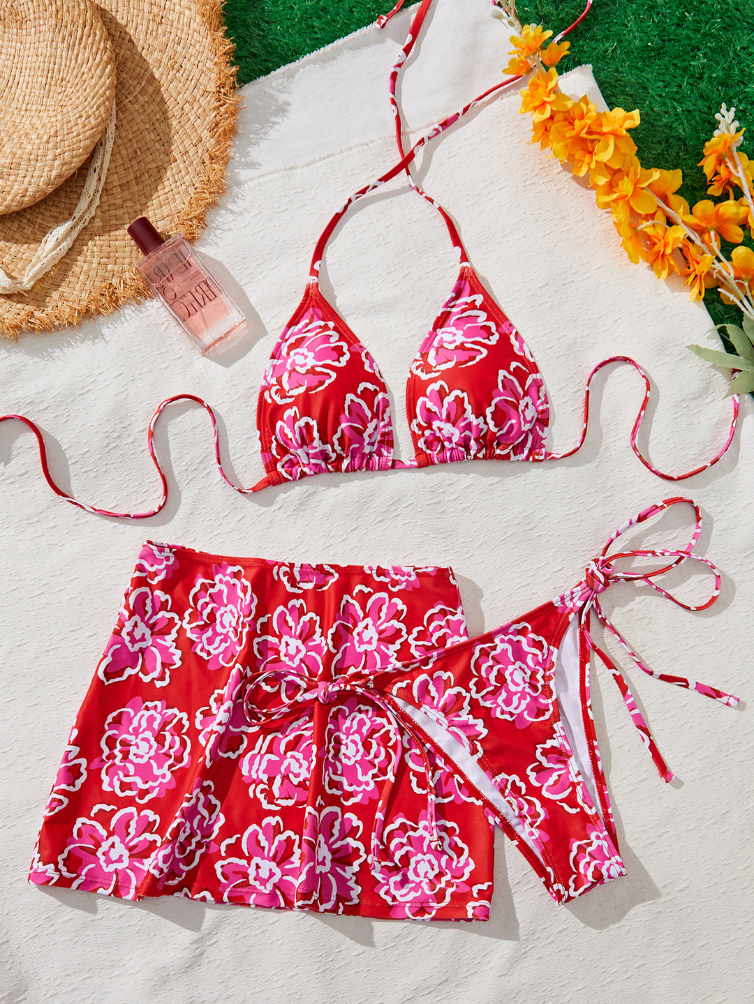 Damen Bikini-Set mit floralem Rock und raffinierten Bindebändern EB