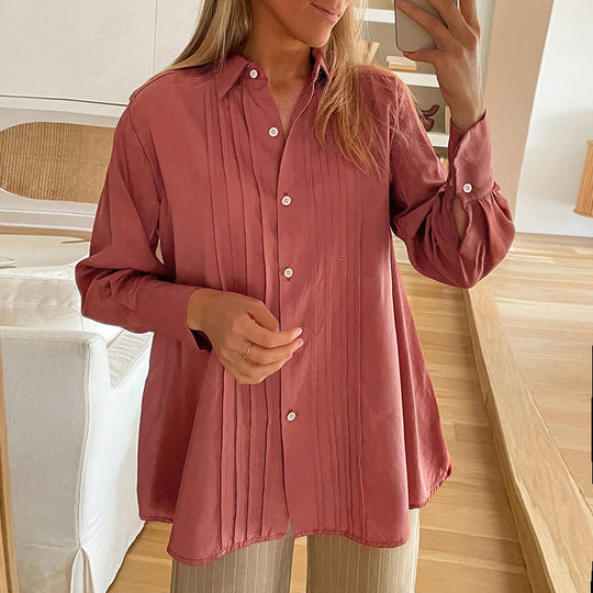 Damen Bluse mit eleganter Faltenstruktur und halbhohem Kragen EB