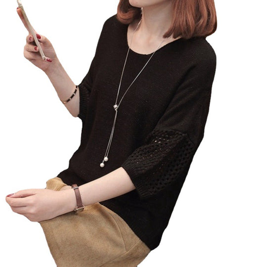 Damen luftiger Strickpullover mit eleganten Häkelärmel EB