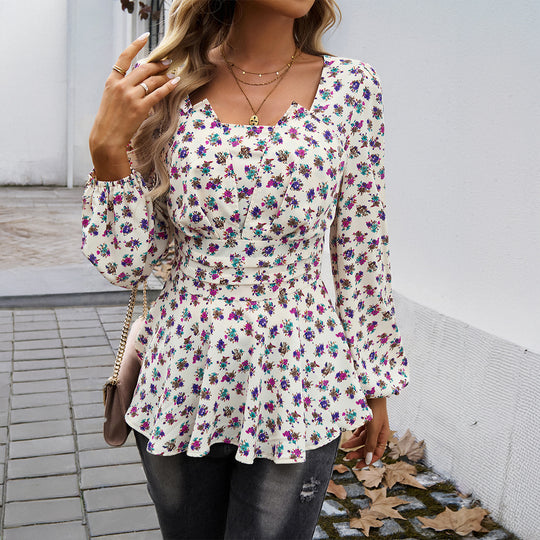 Damen nan taillierte Blumenbluse mit quadratischem Ausschnitt, Raffung und Schößchen-Silhouette EB