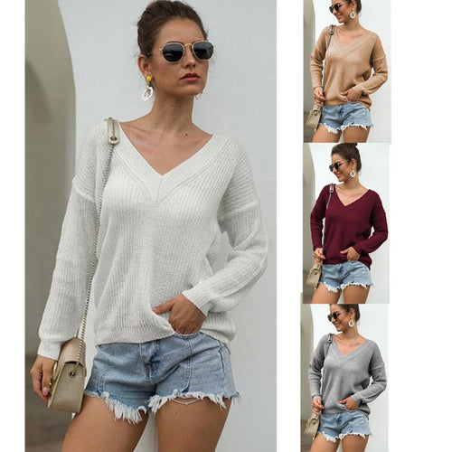 Damen lässiger Strickpullover mit V-Ausschnitt und strukturiertem Muster EB