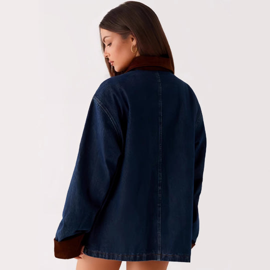 Damen Denimjacke mit Kapuze und kontrastierenden Ärmeln EB