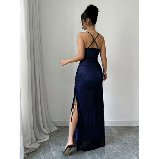 Damen Maxikleid mit verstellbaren Spaghettiträgern und raffiniertem Rüschendesign EB
